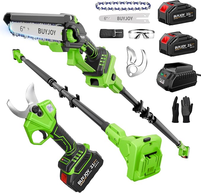 BUYJOY 4-in-1 Electric Pruning Shears & 6 Inch Pole Saw Combo, 1.8" Cutting Diameter Cordless Pruner, 2×4.0Ah Batteries, Adjustable Branch Cutter for Tree Trimming and Garden Pruning