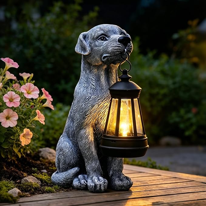 Goodeco Dog Statue with Solar Lantern - Cute Garden Dog Figurines | Weather-resistant resin for patio, yard & pathway, great gift for dog lovers, mom, grandma & pet memorial