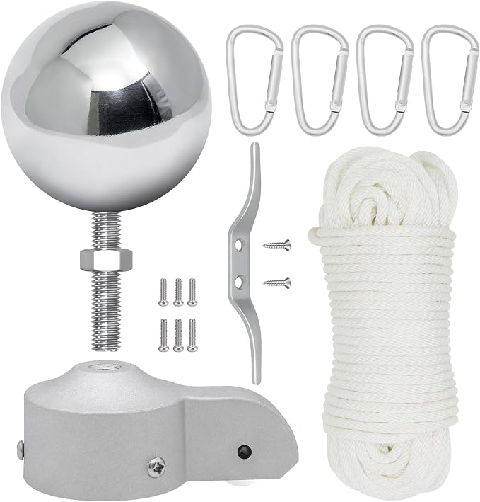 Flag Pole Pulley and Rope kit for 2.3" to 3" Diameter Flag Poles, 50FT Rope, 4" Flag Pole Topper, Cast Aluminum Flag Pole Truck, Metal Snap Clips and Cleat (Silver)