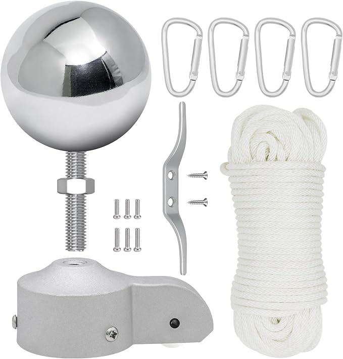 Flag Pole Pulley and Rope kit for 2" to 2.6" Diameter Flag Poles, 50FT Rope, 3.5" Flag Pole Topper, Cast Aluminum Flag Pole Truck, Metal Snap Clips and Cleat(Silver)