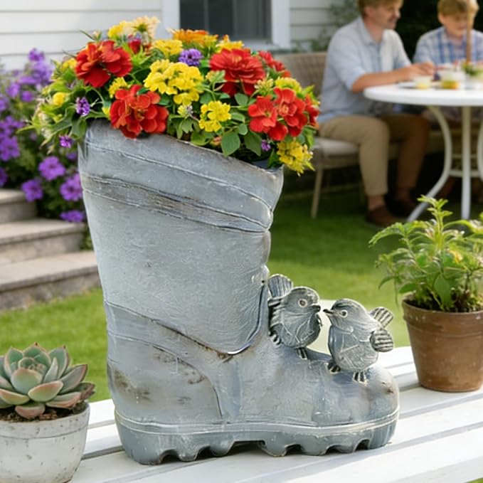 Funny Plant Pots Indoor Outdoor Cement Rain Boot Shaped Planter with Birds Decorative Pot for Flower Succulent Cute Fun Planters Garden Porch Patio Farm Decor Gift for Women
