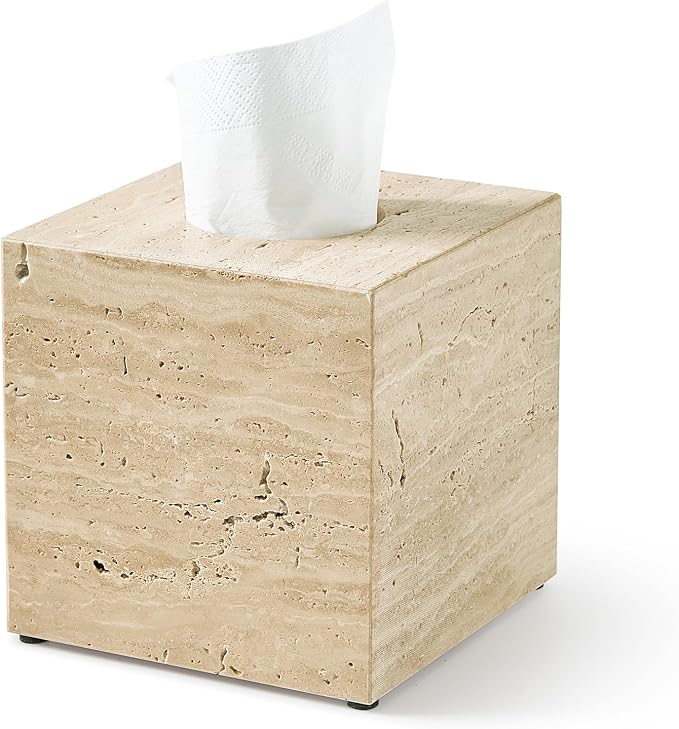 Real Natural Travertine Tissue Box Cover, 5.5 Inch Square Travertine Tissue Box Holder with Open Bottom, Heavy Stone Decorative Organizer for Bathroom Vanity, Kitchen Countertop, Luxury Home Décor