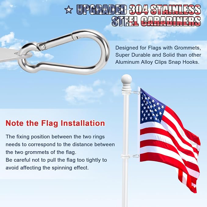 House Flag Pole, REERON 5 FT Metal Spinning Flag Poles Kit, 1" Tangle Free Stainless Steel Flagpole with 360° Flagpole Ring for Outside House Porch Residential Wall Mount for 3x5 Flag, Without Bracket