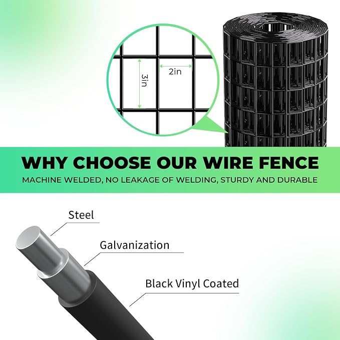 16GA Black PVC Coated Welded Wire Fencing 48 Inch x 50 Foot, 2 Inch x 3 Inch, Garden Border Fencing Roll Vinyl Coating Metal Wire Mesh for Yard Vegetable Plant Protection Poultry Netting