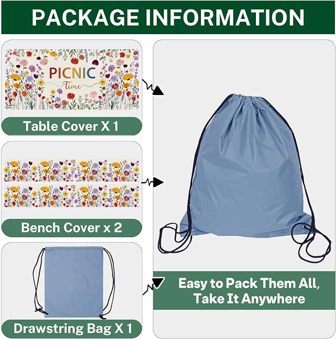 Picnic Table Cover with Bench Covers Elastic Edges, Wildflower Boho Camper Fitted Table Cover, Outdoor Camping Essentials 72 Inch 3PCS, Waterproof Camping Fitted Tablecloth with Drawstring Bag