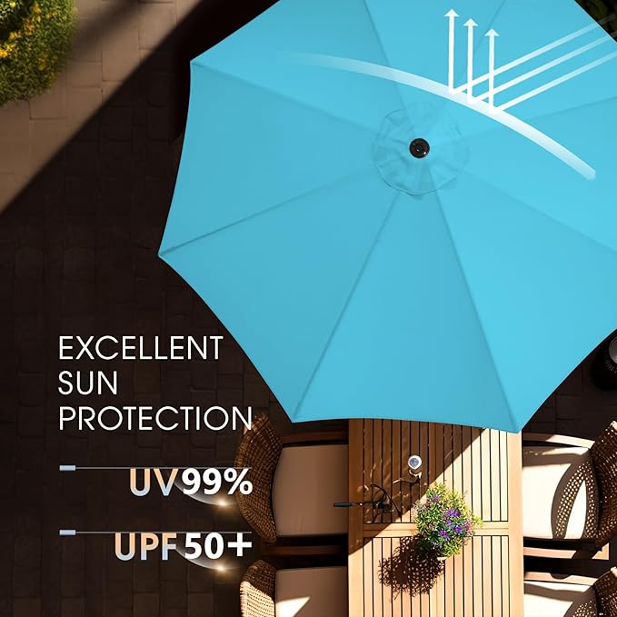 wikiwiki 10FT Patio Umbrella with Base, Outdoor Umbrellas with Base Included, 8 Sturdy Ribs, Waterproof Fade Resistant POLYESTER DTY Canopy for Deck, Lawn, Garden, Backyard & Pool, Sky Blue