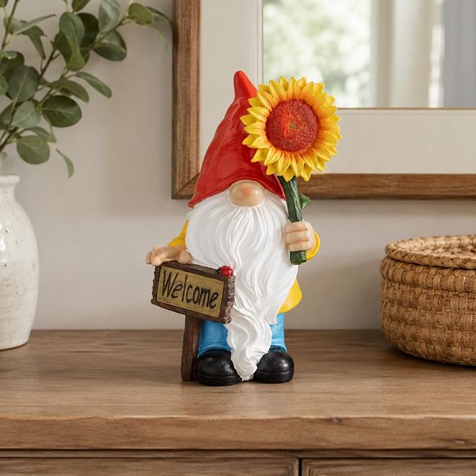 Solar Garden Gnome Outdoor Statue, 11.8" Resin Outdoor Gnome Garden Decor with Lighted Sunflower and Welcome Sign for Yard Patio Porch Lawn Decorations, Garden Gifts for Housewarming and Festivals