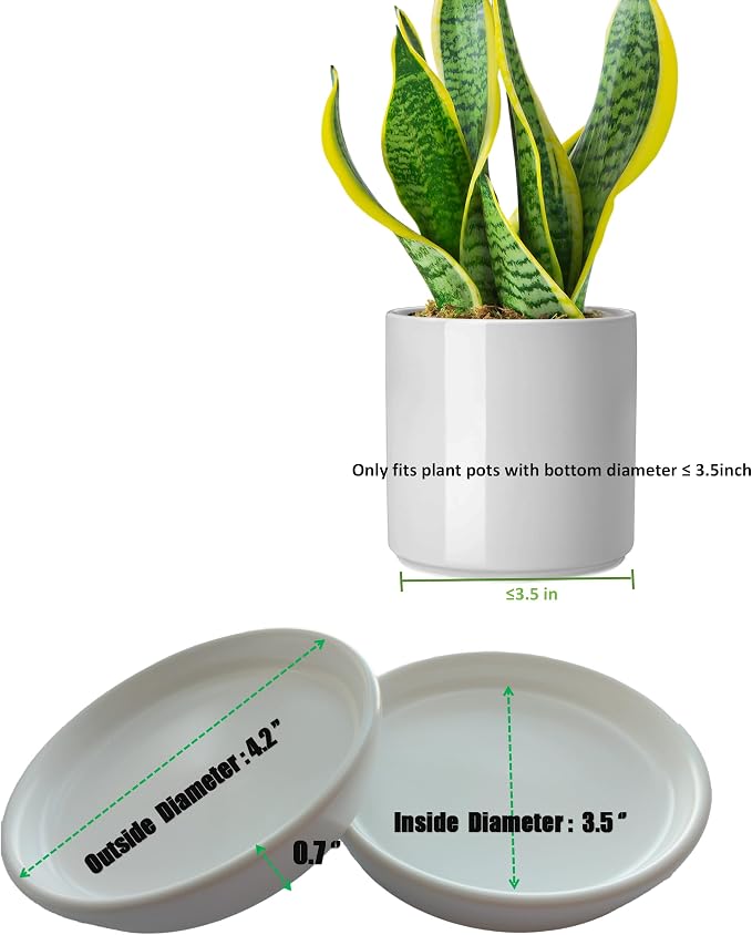 Ceramic Plant Saucer Tray 2 Pcs 3 4 Inch White, 4.2" OD x3.5 ID x0.7 Deep Round Sturdy Heavy Duty Glazed Bevel Planter Drip Flower pots with Catch Basin for Indoor Outdoor Plants(3" White)