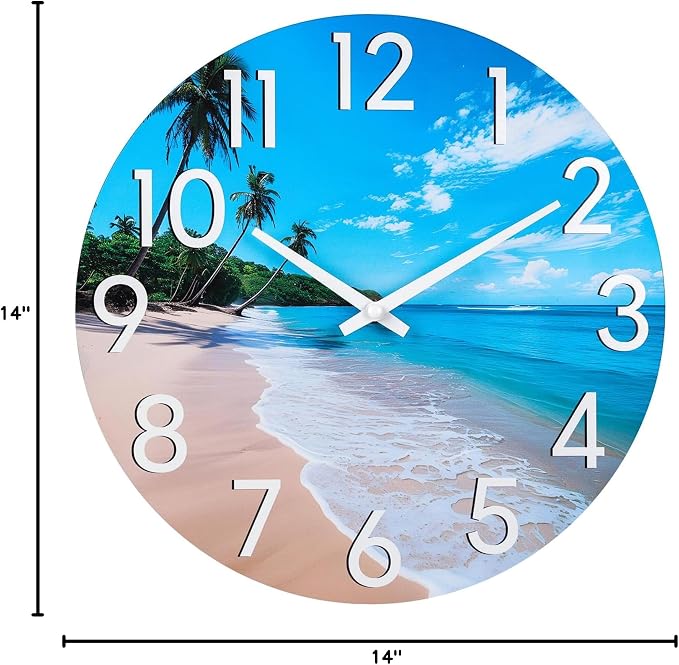 JoFomp Beach Outdoor Clocks for Patio, Large Outdoor Clocks Waterproof 14 Inch with Glass, Outdoor Wall Clocks Battery Operated, Pool Clock Outdoor Weatherproof, Outside Clock for Backyard/Garden