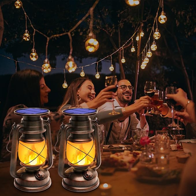 Outdoor Waterproof Solar Lanterns, 2 Pack Vintage Flickering Flame LED Hanging Lights with Auto On/Off, Rustic Solar-Powered Lamps for Patio, Garden, Yard, Deck, Pathway, and Porch Decor
