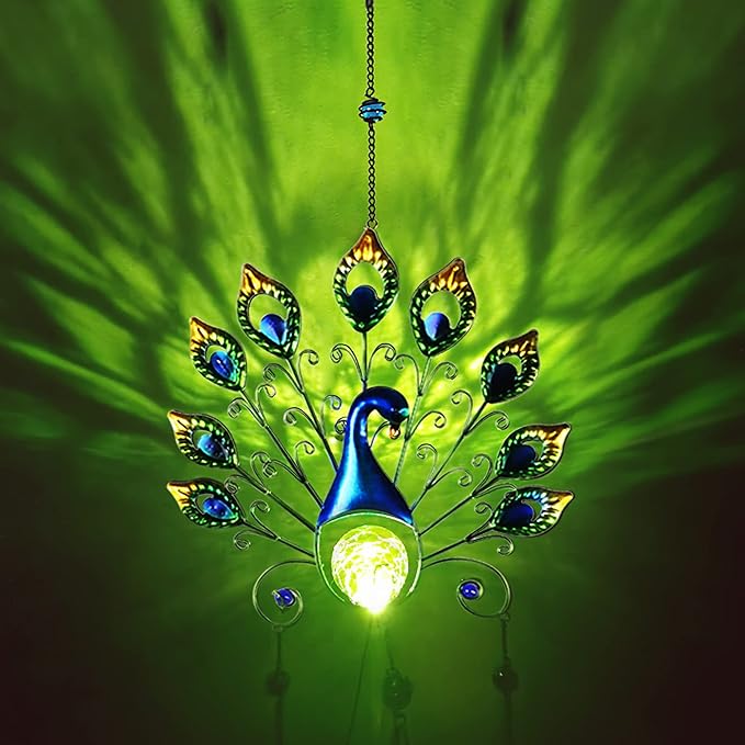 Pearlstar Solar Wind Chimes Outdoor, Gifts for Mom Women, 53.5" Large Metal Peacock Wind Chimes Light with Crackle Glass Ball, Waterproof for Garden Patio Yard Home Decor