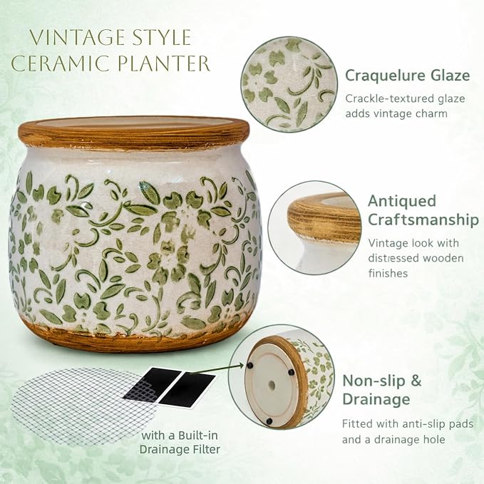Vintage Ceramic Flower Pot - Indoor Outdoor Planters with Drainage Holes & Filter Screen, 9’’ Large Rustic Farmhouse Decorative Plant Pots for Garden/Patio/Balcony (Green Vines, Large)
