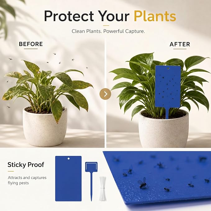Qualirey 50 Pcs Blue Sticky Traps for Gnats, 6 x 8 Inch Dual Sided Gnat Traps for Indoor Outdoor Plants, Fungus Gnat Sticky Cards for Fruit Flies Whiteflies Thrips, Twist Ties and Plastic Holders