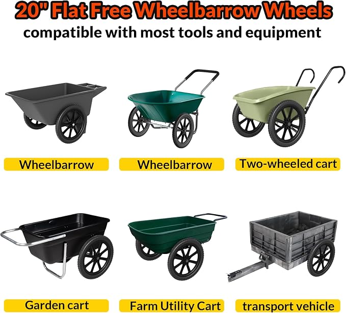 RONPOW 20 Inch Flat Free Wheelbarrow Wheels Compatible with rubbermaid Wheelbarrows Cart Tires, 5/8" Bearings and 3/4" Bearings, Replacement Wheelbarrow Wheels Garden Yard Carts, 400Lbs, 2Pack Black