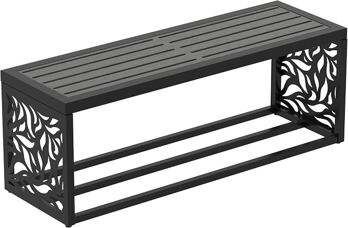 47" Outdoor Garden Bench with Storage Shelf, Modern Black Entryway Bench, Wood-Grain HDPE Seat, Galvanized Steel Frame with Powder Coating for Porch, Yard, Patio, Willow Leaf