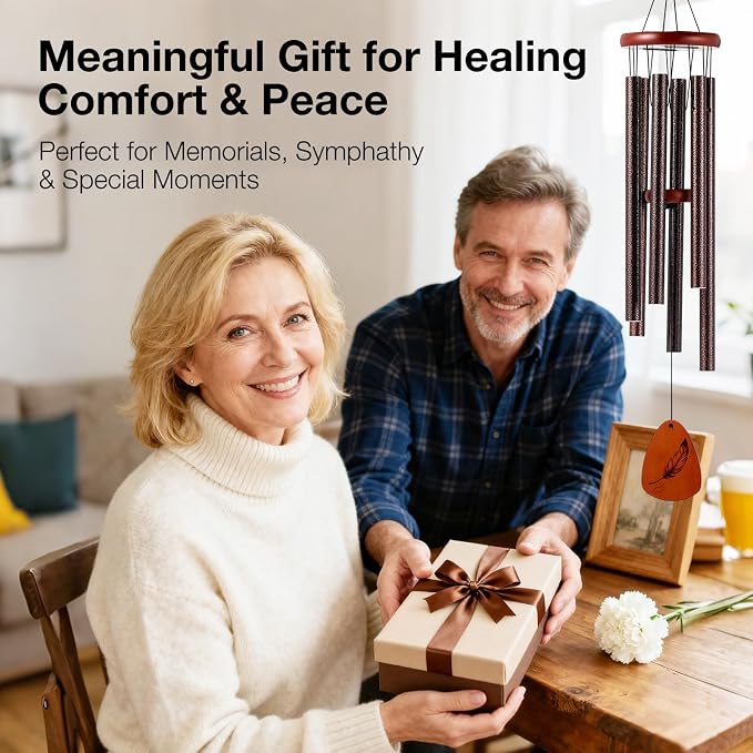 Sympathy & Memorial Wind Chimes for Outside – Deep Tone Aluminum Chimes with Mute Feature, Inspirational Quote, Feather & Dandelion Art Wooden Sail, Garden Decor (Reddish Bronze, 37 Inch)
