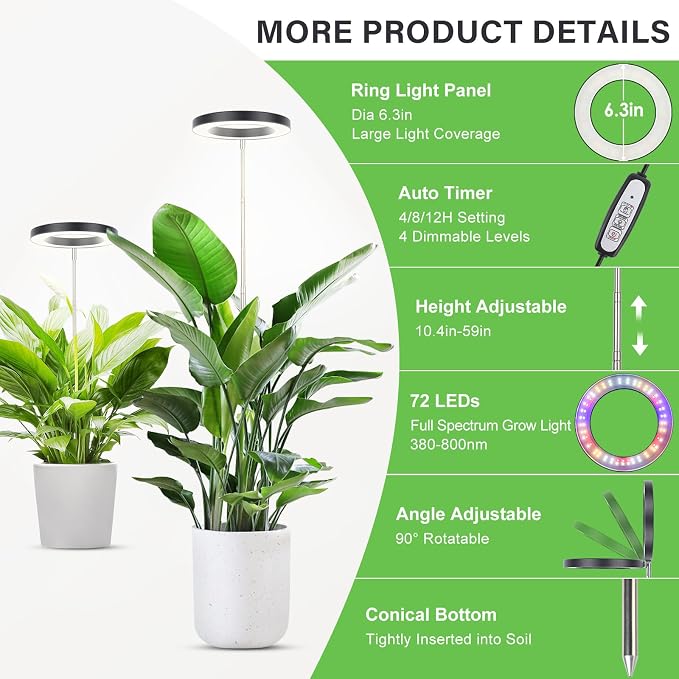 LBW Plant Grow Light, 72 LEDs Full Spectrum Grow Lights for Indoor Plants, Brightness Adjustable Plant Light with Auto 4/8/12H Timer, 10.4”-59” Height Adjustable, Ideal for Large Tall Plants, Black