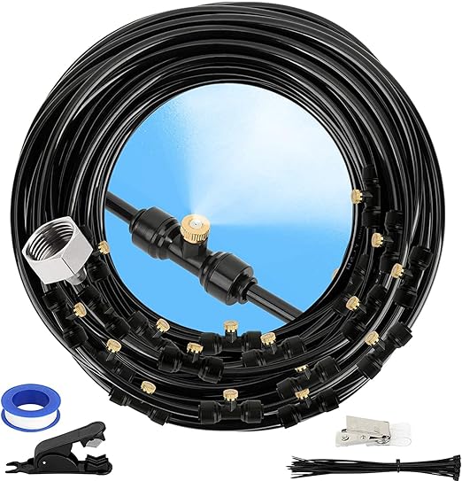 GMAULEE Misting Cooling System, DIY 33FT(10M) Misting Line +10 Brass Mist Nozzles+ a Brass Connector(3/4'') Outdoor Mister System for Patio Waterpark Garden Trampoline Greenhouse