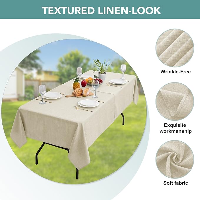 LUSHVIDA Outdoor Tablecloth with Umbrella Hole - Patio Table Cloth Zippered Rectangle 60x84 Inch, Beige Linen-Look Polyester Table Cover Water Resistant for Picnic Outside