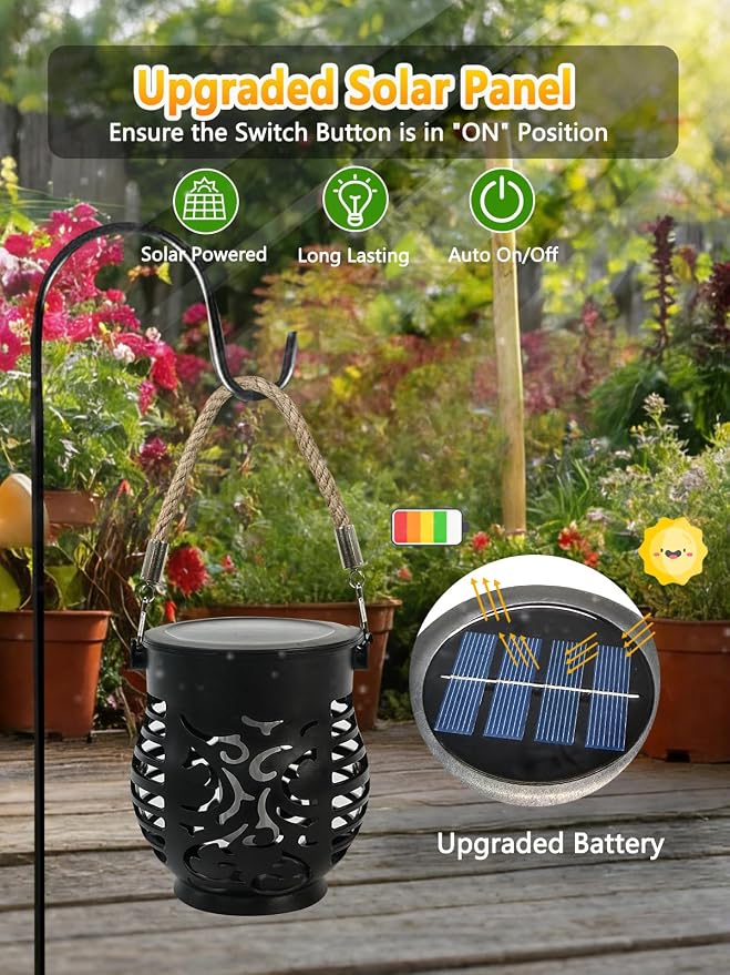 2 Pack Solar Lights Outdoor Waterproof Hanging Solar Lanterns Flame Lights | Flickering Flame, IP65 Waterproof, Auto On/Off Solar Powered, Hemp Rope Handle, Outdoor Indoor Garden Camp Patio Party Decor