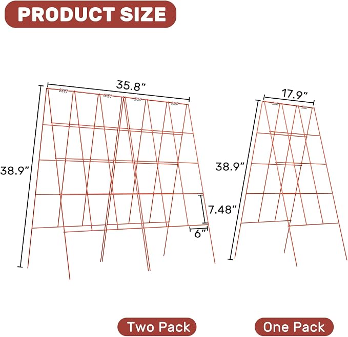 DOEWORKS Cucumber Trellis, 39" High Foldable A Frame Garden Trellis, 2 Pack, Plant Support for Climbing Cucumber, Beans, Tomatoes, Flowers, Red