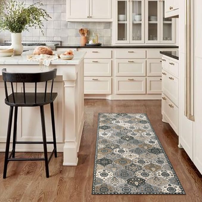Lahome Moroccan Kitchen Runner Rug, 2'5''x8' Soft Washable Runner Non Slip | Ultra-Thin Oriental Hallway Rug Indoor Throw Carpet for Entryway Bedroom Laundry Room Foyer Elise, Grey