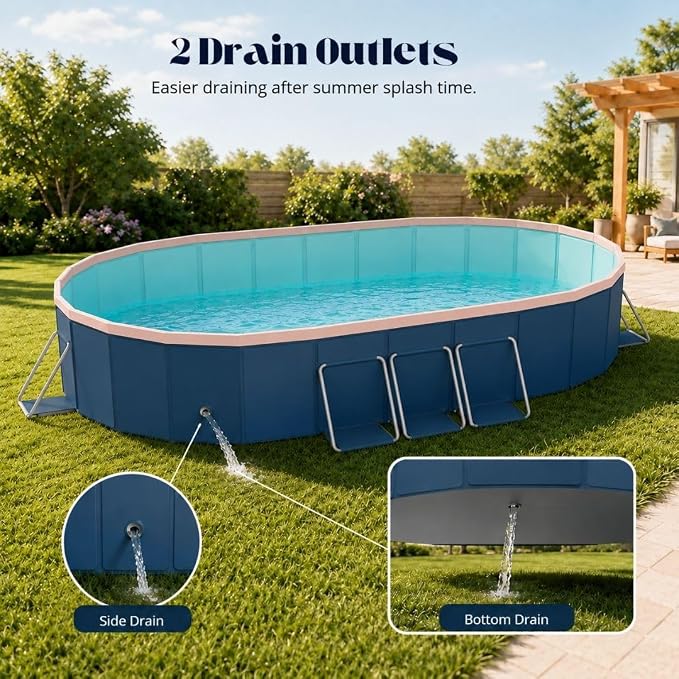 10 ft Foldable Non-Inflatable Swimming Pool, 118.11 x 86.61 x 19.69 in, Blue PVC Backyard Pool with Aluminum Alloy Triangle Supports for 2 Adults and 4 Children