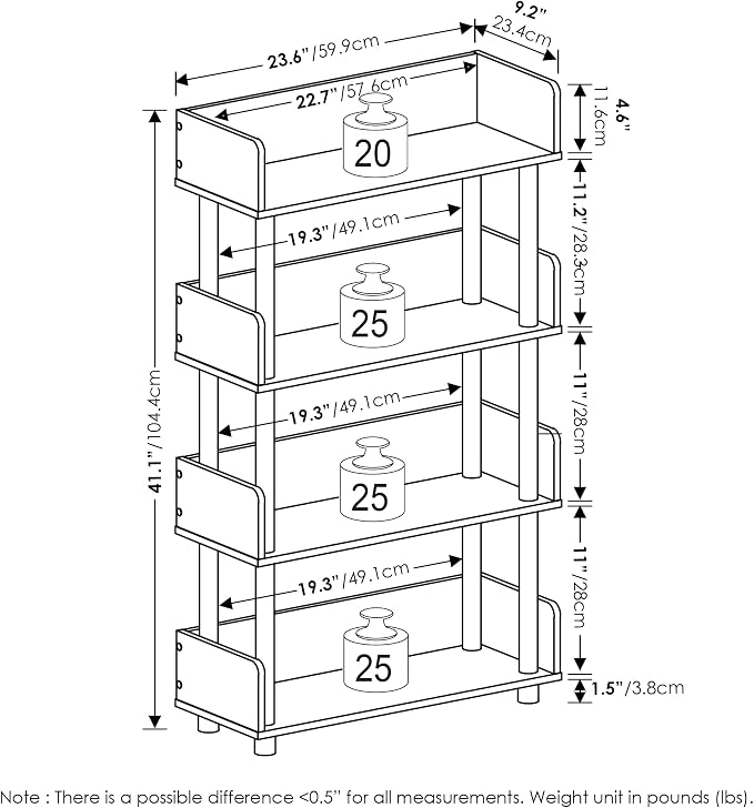 Furinno TURN-N-TUBE 4-Tier Display Shelf, Storage Shelves, Book Shelf, Open Shelves with Rounded Corner Top Edges, for Organization and Storage, Living Room, Home Office, Walnut