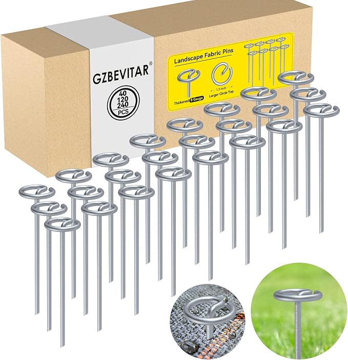 Landscape Fabric Pins, Thickened 8 Gauge Circle Top Landscape Pins, Not Easy to Bend 6 inch Galvanized Landscape Fabric Stakes, More Holding Power Than U-Shape Garden Staples (40)