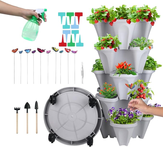 DUNCHATY Stackable Planter, Vertical Garden Planter with Wheels and Tools, Self Watering Strawberry Planter Indoor/Outdoor 3 Tier Herb Planter Pots for Growing Vegetables and Succulents,Gray