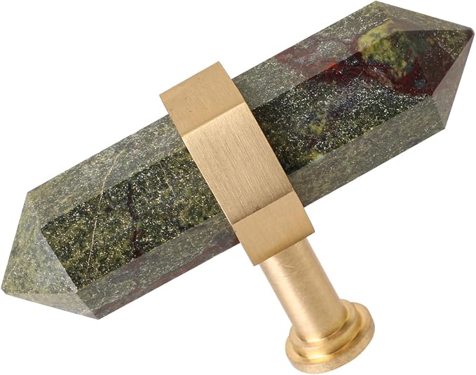 mookaitedecor Set of 2 Dragon Blood Jasper Double Crystal Points Drawer Knobs with Screws, Decorative Stone Cabinet Handle Pulls for Dresser Cupboard Kitchen Decor, Brushed Brass