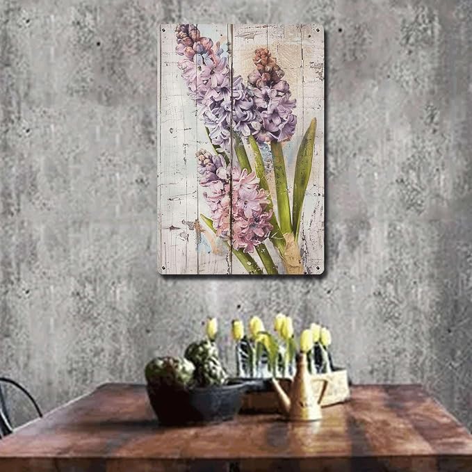 Metal Sign Tin Sign Vintage Wall Art Shabby Chic Hyacinths Tin Sign for Spring Celebrations Rustic Bloom Displays and Distressed Wood Funny Bathroom Decor for Club 12×16 Inches