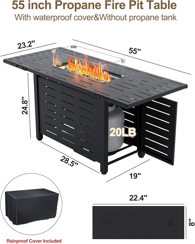 Hipicute 55" Outdoor Propane Fire Pit Table, 48,000 Btu Lp Gas Rectangular Fire Table with Ignition Systems and Lid,Outdoor Firetable with Glass Rocks for Patio Deck Garden Backyard