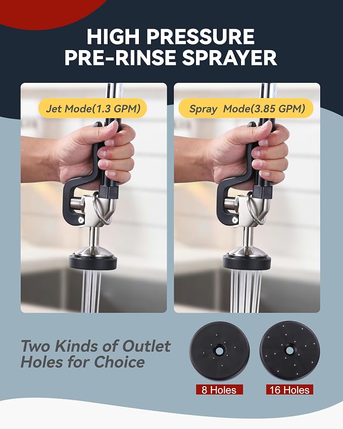 Black and Brushed Nickel Pre Rinse Sprayer with 7/8"-20UNEF Handle Grip Assembly, 1.42 GPM High Pressure Pull Down Spray Head, Handheld Dish Sprayer Nozzle Replacement Part for Commercial Sink Faucet