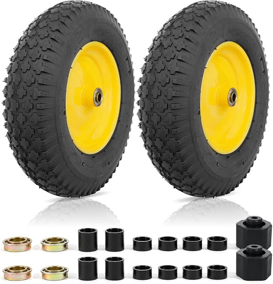 MZREXN 4.80/4.00-8" Tire and Wheel, 16" Pneumatic Wheelbarrow Tire | 5/8"&3/4" Bearing,3"-7"Centered Hub,Fit Hand Truck/Garden Carts/Yard Wagon/Utility Carts/Dolly/Trolley,Yellow 2pcs