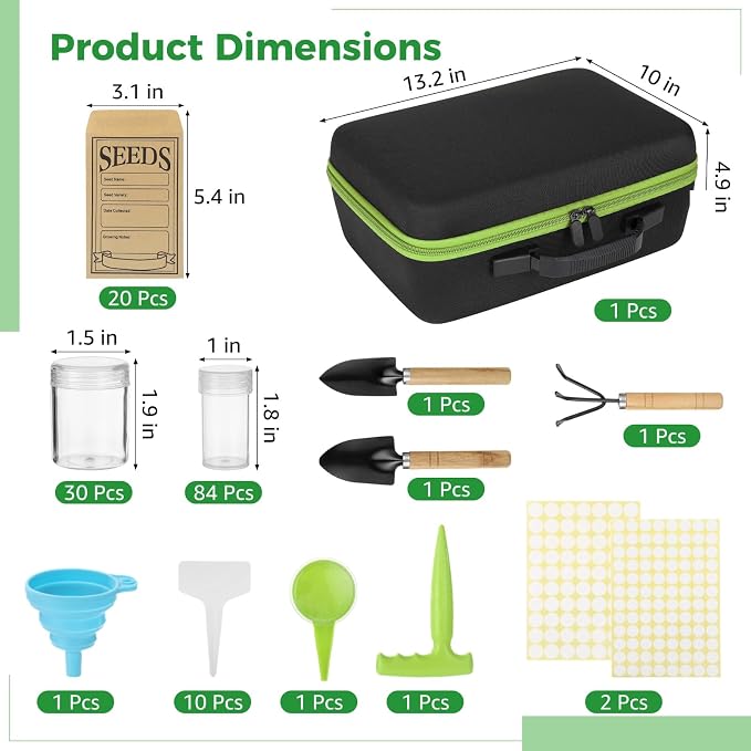 114 Slots Seed Storage Organizer Kit, Waterproof Portable Seed Box with Envelopes, Funnel, Shovels, Tweezers, Labels, Garden Saver Kit for Flower, Vegetable, Plant, Green