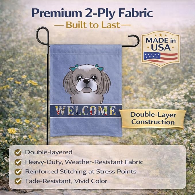 Caroline's Treasures BB1436GF Gray Silver Shih Tzu Welcome Garden Flag, Blue Mailbox Flag Decorative Yard Flag Banner Outside Patio Artwork Yard Flower Beds, Garden Size, Multicolor