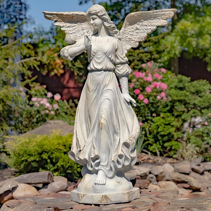 Zaer Ltd. 46" Tall Magnesium Angel Statue with Billowing Dress and Bird Perched on Shoulder in Antique Grey Maria (Antique Grey)