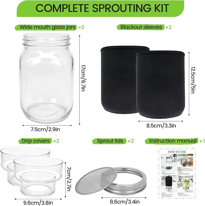 Sprouting Jar Kit, 2 Pack 32oz Wide Mouth Mason Jars | With Stainless Steel Sprout Lids, Glass Drip Covers, Blackout Sleeves - Complete Sprouts Growing Kit for Broccoli, Alfalfa