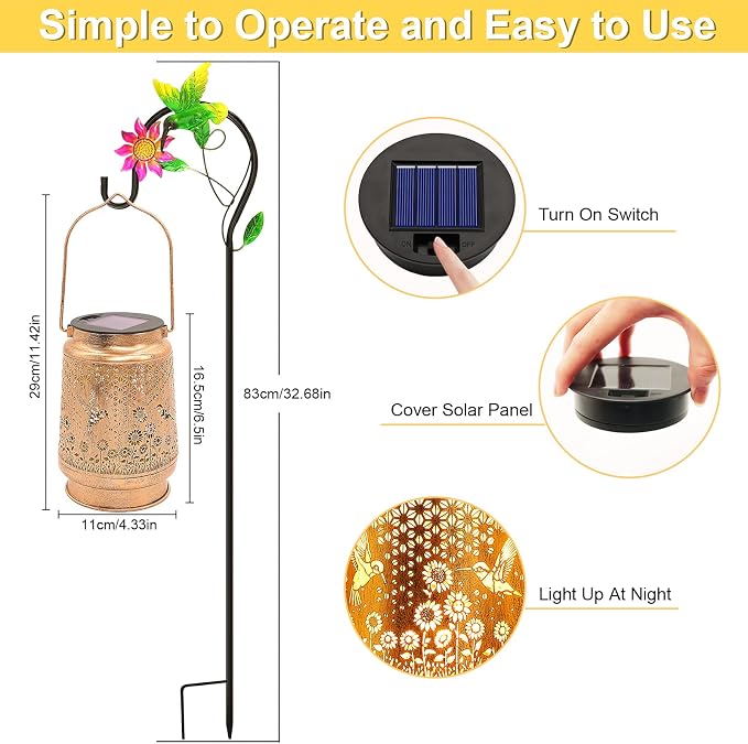 2 Pack Hummingbird Sunflower Solar Lanterns Outdoor with Shepherd Hook, Birthday Gift Mothers Day Gift for Women Mom Grandma Wife Daughter, Waterproof Hanging Lights, Decor for Yard Garden Patio Lawn