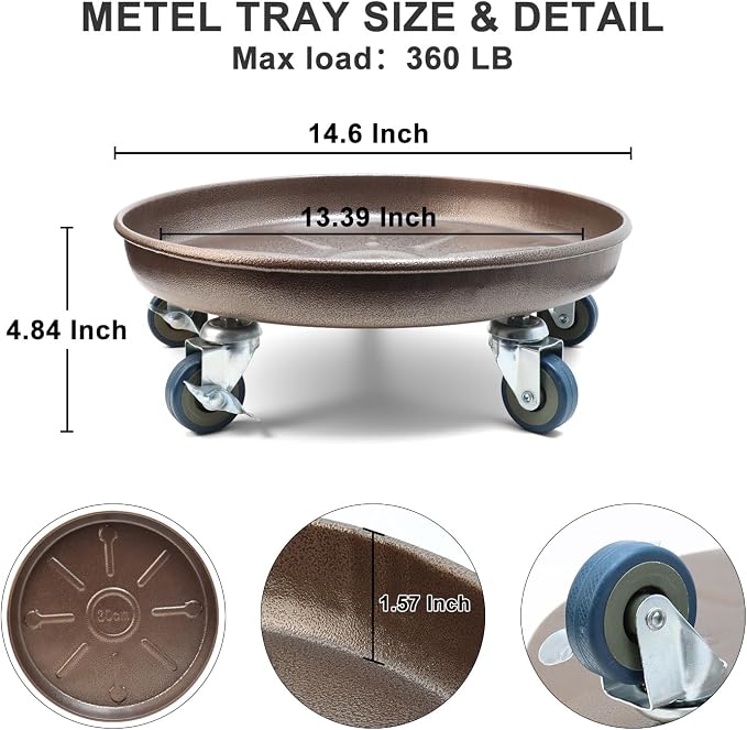1 Pack 14.6 Inch Metal Plant Caddy With Lockable Wheels,Plant Stand Dolly for Heavy Planter,Wheeled Planter Saucer Tray,Rolling plant stand,Heavy-Duty Plant Caddy for Indoor and Outdoor(Copper)