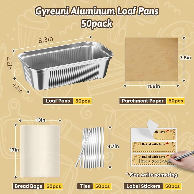 50 Pack 2.4lb Aluminum Loaf Pans Collocate Cellophane Bags/Twist Ties/ Stickers and Parchment Paper Sheets ,8.3" X 4.1" X 2.2" Disposable Aluminum Foil Premium Bread Tins - Disposable Baking Pans