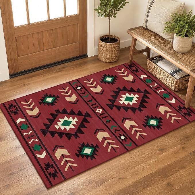 Western Rug 2x3 for Entryway Indoor Mat, Southwestern Aztec Tribal Rugs Southwest Navajo Machine Washable Entrance Rug Non-Slip Printed Low-Pile Entry Floor Carpet Doormat for Bedroom Bathroom, Red