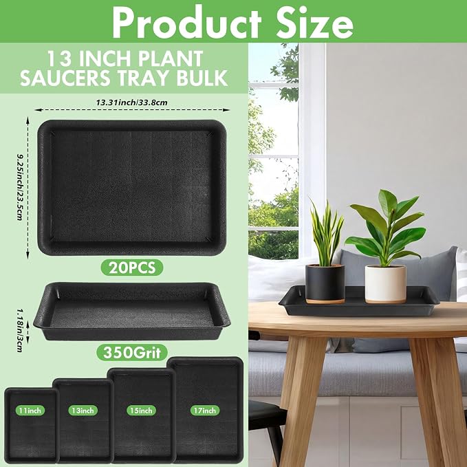Gejoy 20 Pack 13 Inch Rectangular Plastic Plant Saucers Tray Bulk Heavy Plastic Plant Drip Tray Flower Pot Trays for Indoor Outdoor Anti-Slip Saucer for Garden Potted Water Drips and Soil