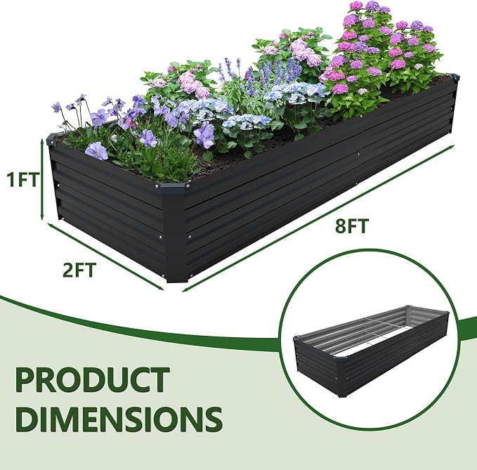 2PCS 8x2x1ft Galvanized Raised Garden Kit,Metal Planter Box,Black | Outdoor Elevated Metal Planter Box For Vegetables, Flowers & Herbs. Rustproof Galvanized Steel, Open Drainage, Easy Assembly