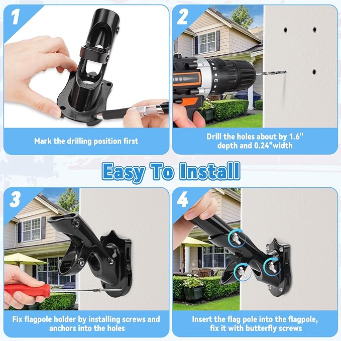1" Flag Pole Holder for Outside House, REERON 2-Positions Metal Flagpole Brackets Mount, Aluminium Rustproof Flag Pole Wall Porch Mounting Bracket with 3 Fixed Holes & Steel Hardwares (Black-2 Pack)