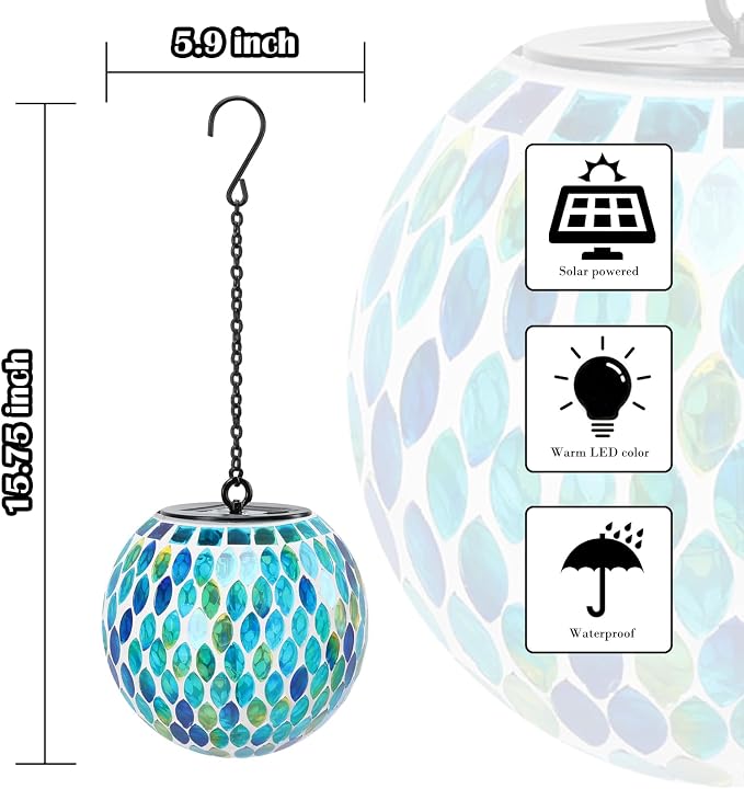 Mosaic Solar Lantern Outdoor Waterproof Glass Hanging Solar Lights, Blue | Solar Hanging Lantern IP44 Waterproof Mosaic Gazing Ball with White LED Lights, Metal Hanging Chain, Outdoor Pathway Decor