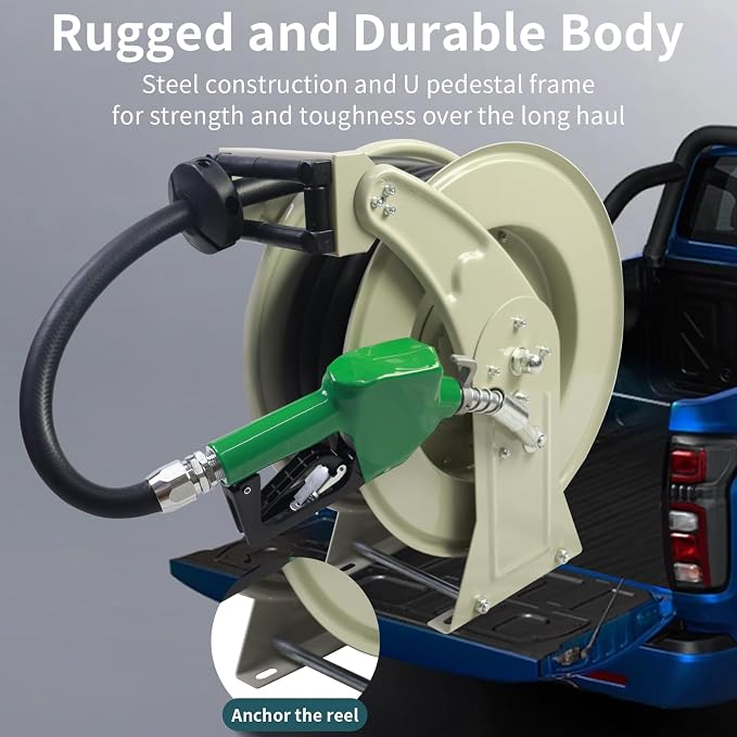 3/4"X33' Fuel Hose Reel & Fuel Nozzle & Fuel Hose Swivel,Spring Driven Retractable Diesel Hose Reel,Inlet 1" NPT Thread,Oulet 3/4" NPT Thread Swivel,Heavy Duty Steel Construction Reel
