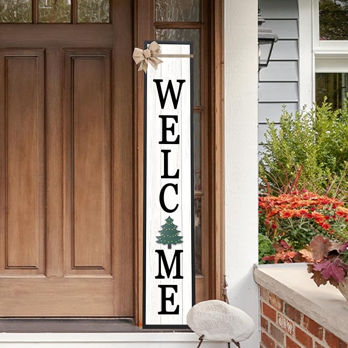Interchangeable Welcome Sign for Front Door Standing, 45"X9" with 12 Pcs Replaceable Icons Rustic Outdoor Tall Front Porch Farmhouse Outside Wreath Leaner Vertical Decor (Black)