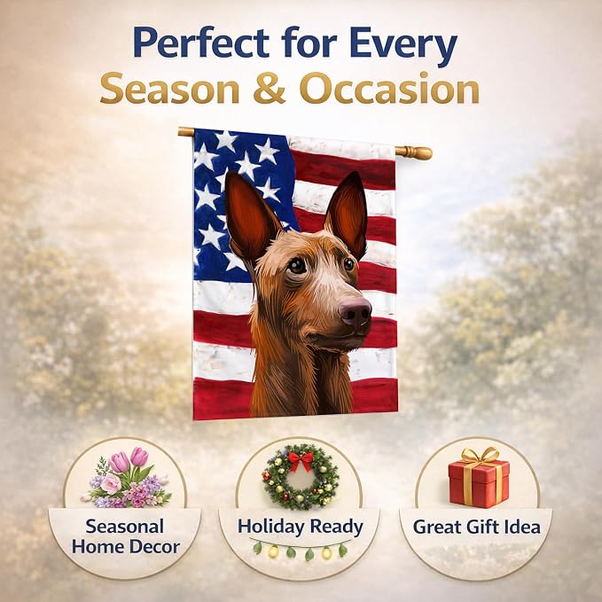 Caroline's Treasures CK6643CHF Pharaoh Hound Dog American Flag House Flag Large Porch Sleeve Pole Decorative Outside Yard Banner Artwork Wall Hanging, Polyester, House Size, Multicolor